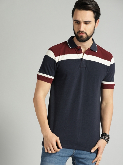 

Roadster Men Navy Blue & Maroon Colourblocked Polo Collar T-shirt