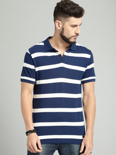 

Roadster Men Navy Blue & White Striped Polo Collar T-shirt