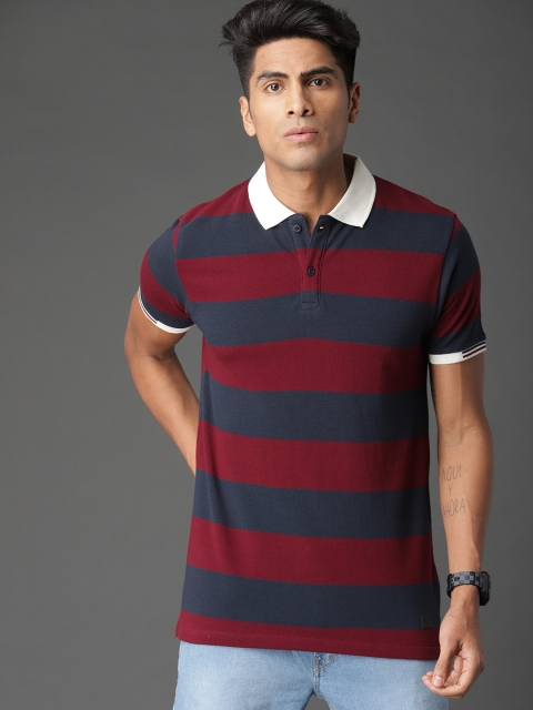 

Roadster Men Maroon Navy Blue Striped Polo Collar Pure Cotton T-shirt