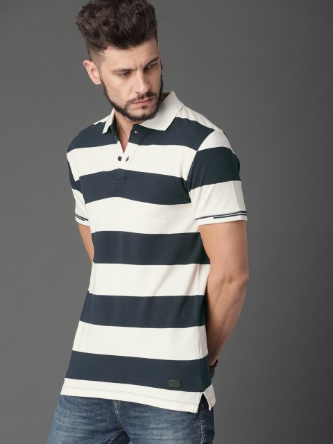 

Roadster Men Off-White & Navy Blue Striped Polo Collar T-shirt