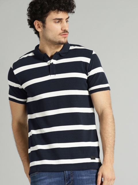 

Roadster Men Navy Blue & White Striped Polo Collar T-shirt