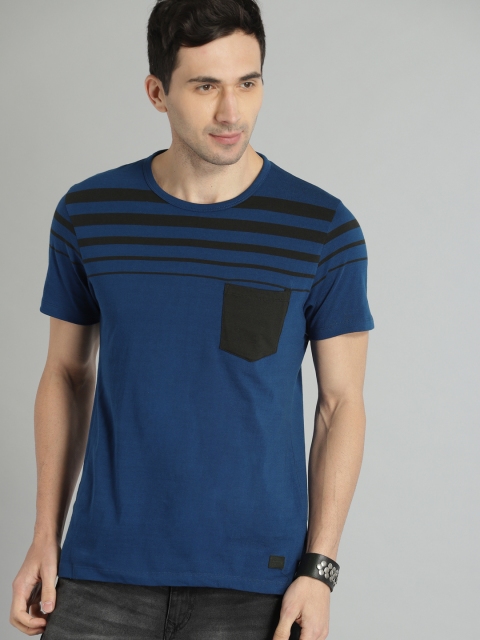 

Roadster Men Blue Black Striped Round Neck Pure Cotton T-shirt