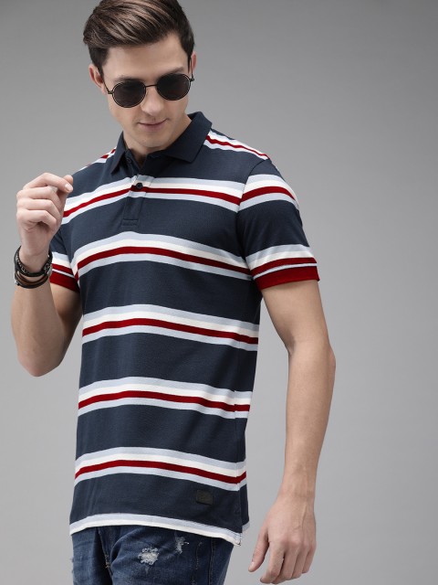 

Roadster Men Navy Blue & White Striped Polo Collar T-shirt