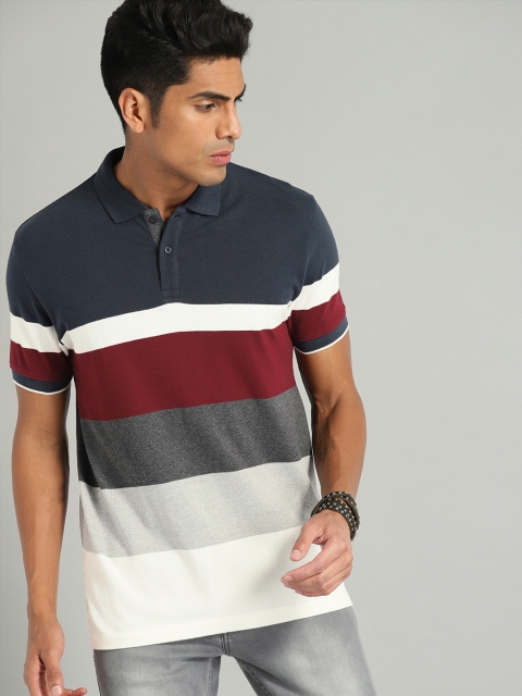 

Roadster Men Navy Blue & Maroon Striped Polo Collar T-shirt