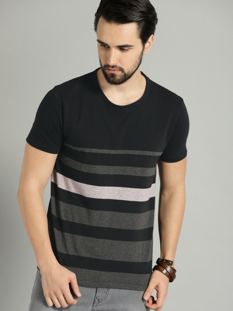 

Roadster Men Black & Charcoal Grey Striped Round Neck T-shirt