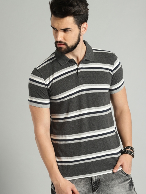 

Roadster Men Charcoal Grey and White Striped Polo Collar T-shirt