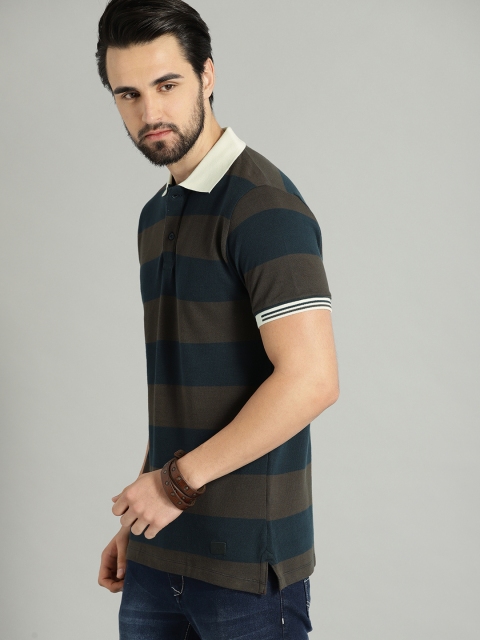 

Roadster Men Olive Green Navy Striped Polo Collar Pure Cotton T-shirt, Navy blue