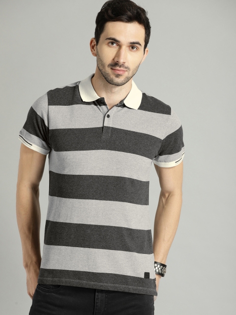 

Roadster Men Grey Striped Polo Collar T-shirt