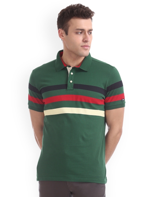 

Arrow Sport Men Olive Green Striped Polo Collar T-shirt