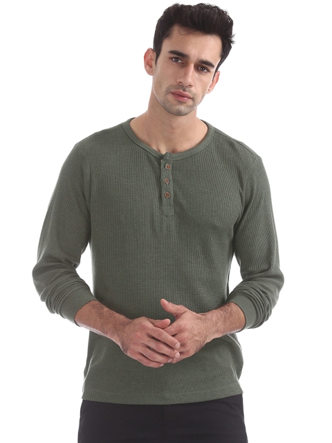 

Arrow Sport Men Olive Green Solid Henley Neck Pure Cotton T-shirt