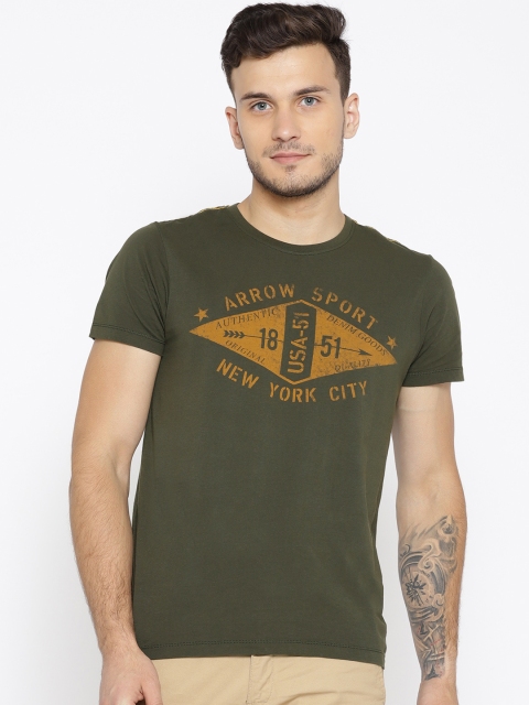 

Arrow Sport Men Olive Green Printed Round Neck T-shirt
