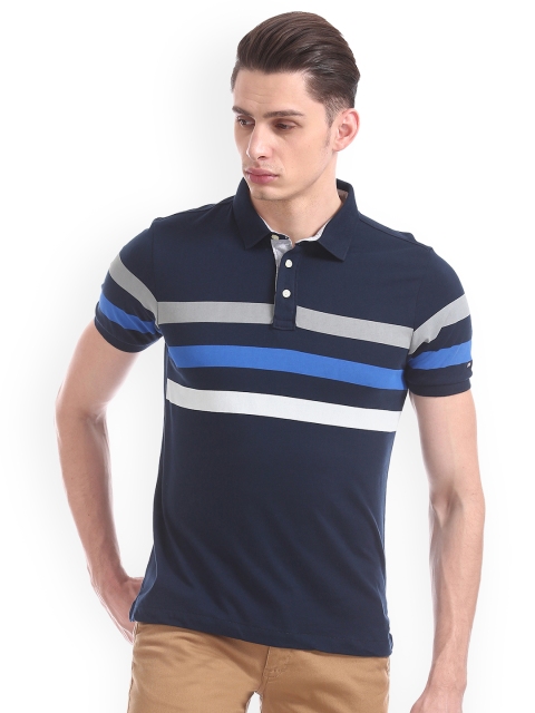 

Arrow Sport Men Navy Blue Striped Polo Collar Pure Cotton T-shirt