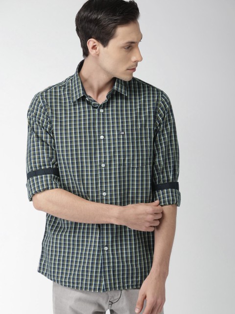 

Arrow Sport Men Navy & Olive Green Slim Fit Checked Casual Shirt, Navy blue