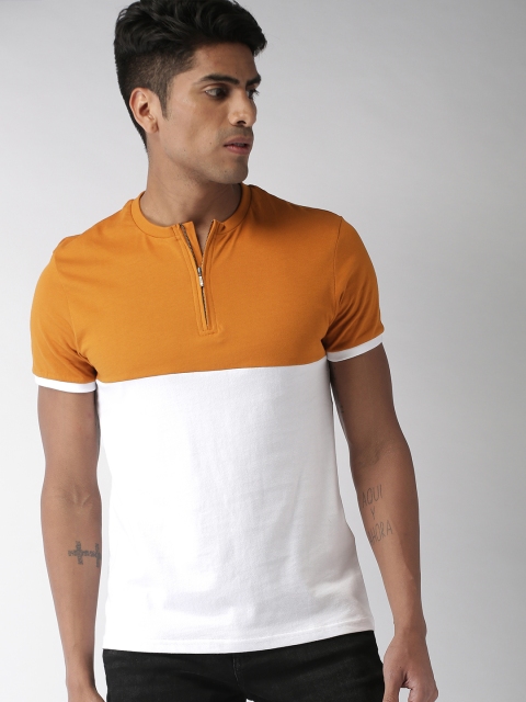 

Celio Men White Mustard Yellow Colourblocked Henley Neck Pure Cotton T-shirt