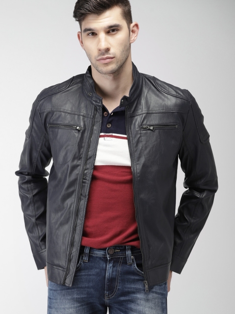 

Celio Men Navy Solid Biker Jacket, Navy blue