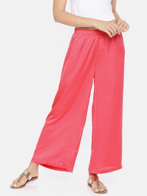 

Go Colors Women Coral Pink Wide Leg Solid Straight Shiny Palazzos