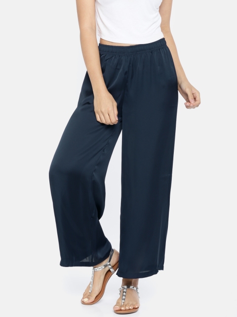 

Go Colors Women Navy Blue Solid Wide Leg Shiny Palazzos
