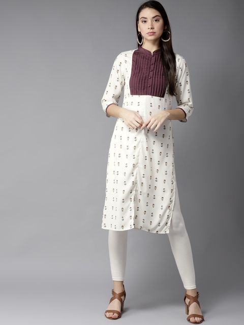 

Moda Rapido Women Off-White & Burgundy Printed Straight Kurta