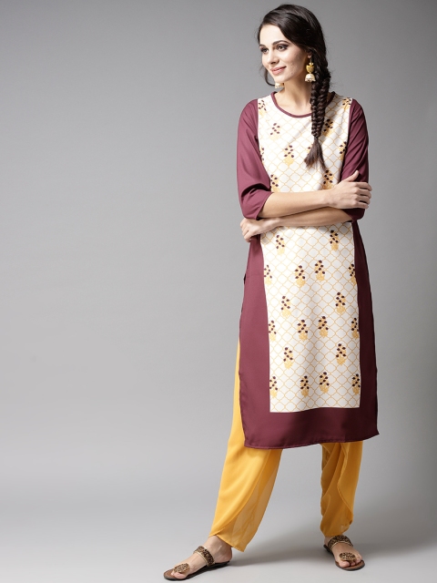 

Moda Rapido Women Off-White & Burgundy Printed Straight Kurta
