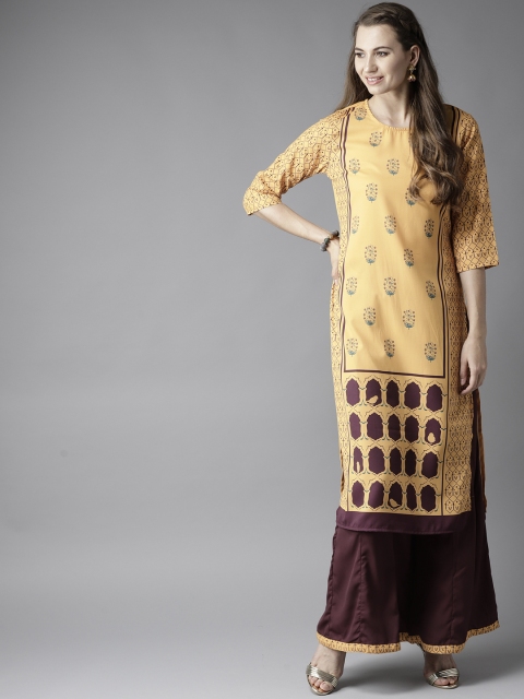 

Moda Rapido Women Yellow & Maroon Printed Kurta with Palazzos