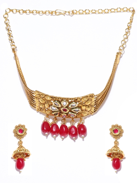 

damani Maroon Antique Gold-Plated Kundan-Studded & Beaded Jewellery Set