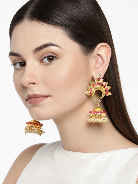 

Zaveri Pearls Gold-Toned & Red Dome Shaped Jhumkas