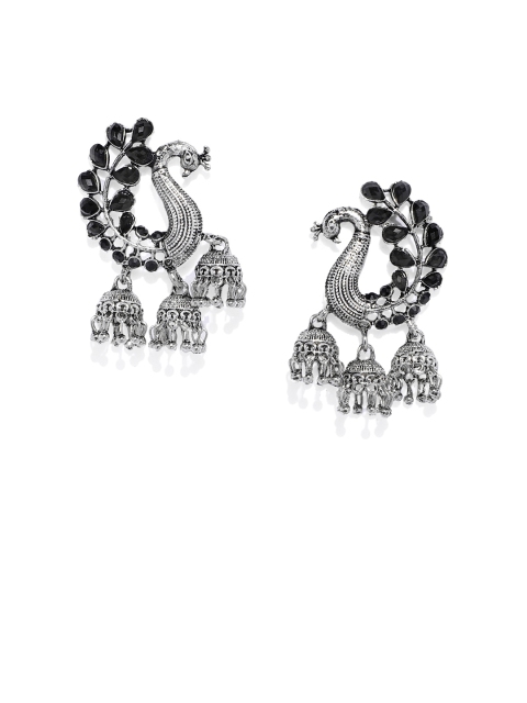 

Zaveri Pearls Black & Silver-Plated Peacock Shaped Jhumkas