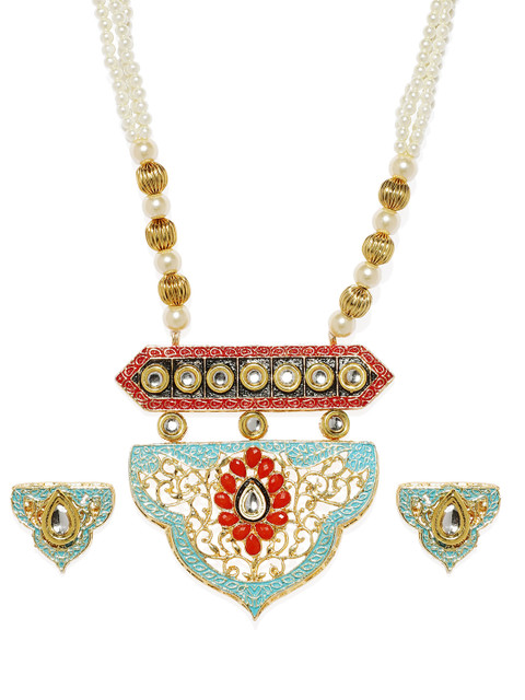 

Zaveri Pearls Antique Gold Toned & White Traditional Jewellery Set