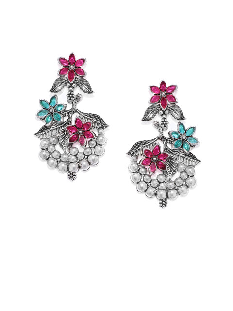 

Zaveri Pearls Silver-Toned & Pink Antique Floral Drop Earrings
