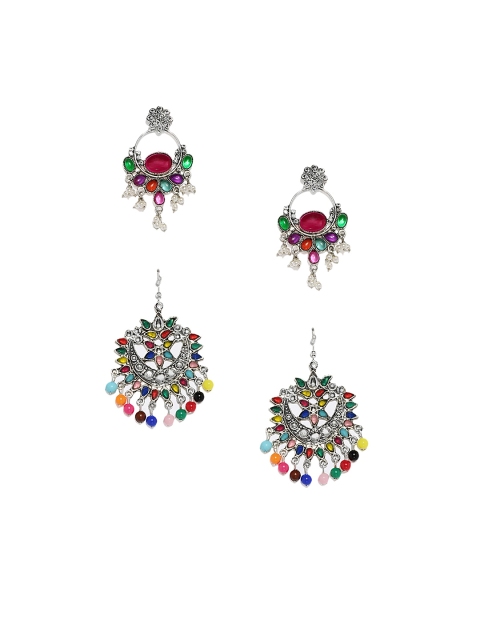 

Zaveri Pearls Silver-Toned & Multicoloured Contemporary Drop Earrings