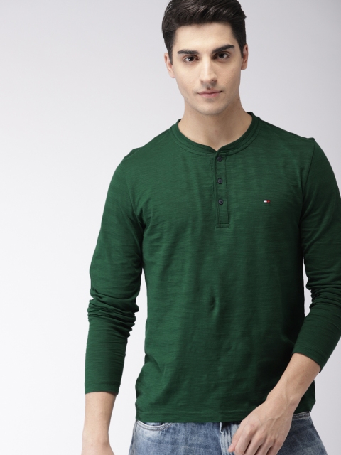 

Tommy Hilfiger Men Green Striped Henley Neck T-shirt