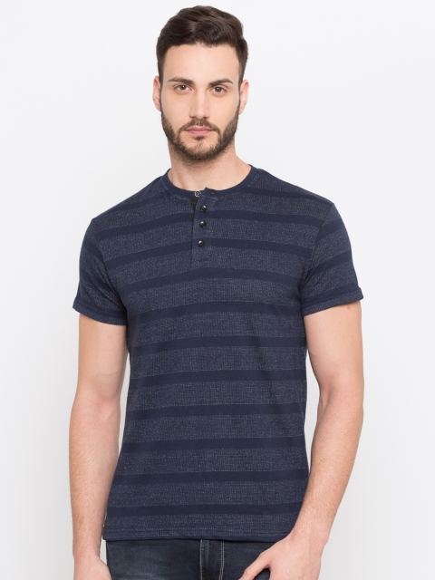 

Globus Men Navy Blue Striped Henley Neck T-shirt