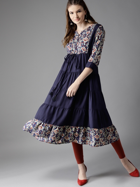 

HERE&NOW Women Navy & Rust Orange Printed Kurta with Churidar, Navy blue