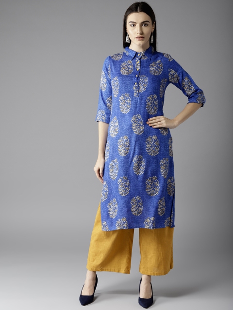 

HERE&NOW Women Blue & Mustard Yellow Printed Kurta with Palazzos