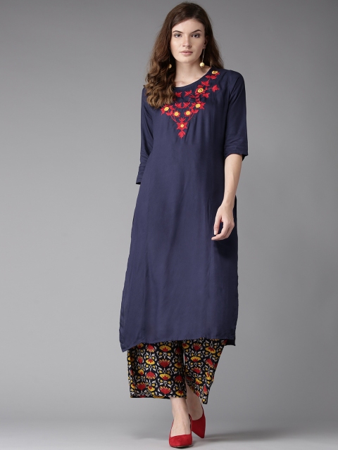 

HERE&NOW Women Navy Blue & Black Yoke Design Kurta with Palazzos