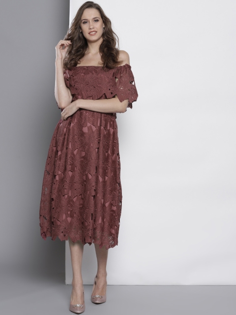 

DOROTHY PERKINS Women Burgundy Lace Off Shoulder Midi Fit and Flare Dress