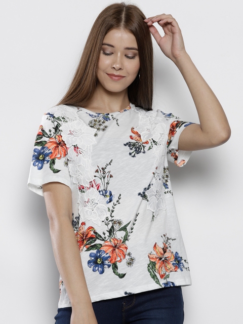 

DOROTHY PERKINS Women White & Peach-Coloured Printed Lace Inserts Top