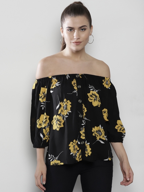 

DOROTHY PERKINS Women Black & Yellow Printed Bardot Top
