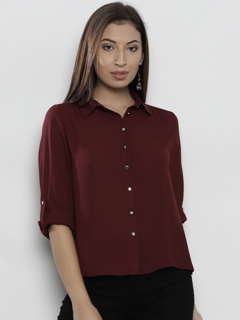 

DOROTHY PERKINS Women Petite Burgundy Regular Fit Semi Sheer Solid Casual Shirt