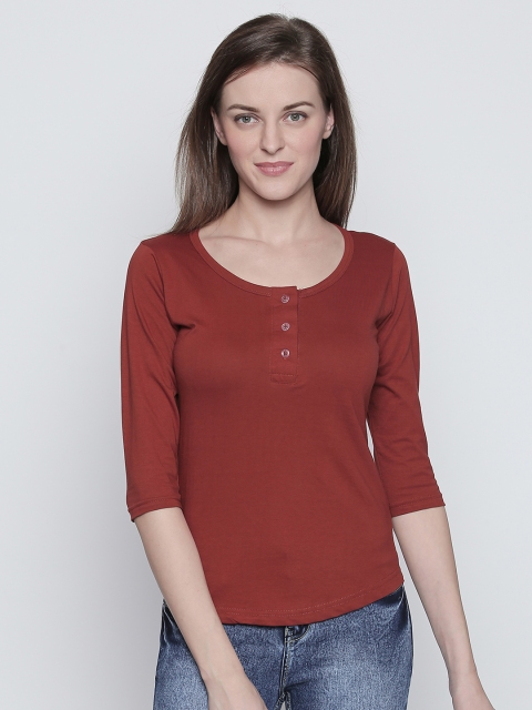 

The Dry State Women Rust Solid Henley Neck T-shirt