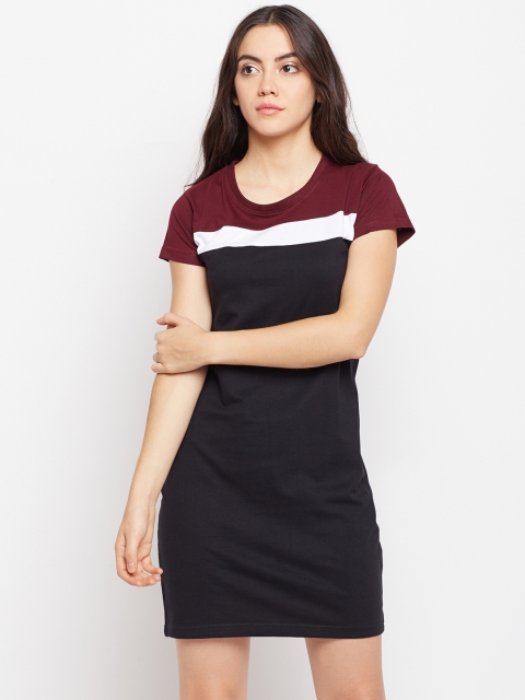 

The Dry State Women Black & Maroon Colourblocked T-shirt Dress