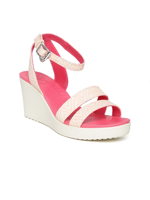 

Crocs Women Cream-Coloured & Peach-Coloured Printed Wedges