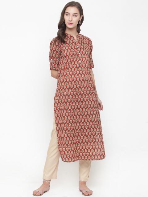 Varanga Women Rust & Off-White Printed Kurta with Pyjamas