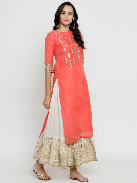 

Varanga Women Coral & Off-White Embroidered Kurta with Skirt