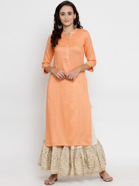 Varanga Women Peach-Coloured Printed Kurta with Skirt