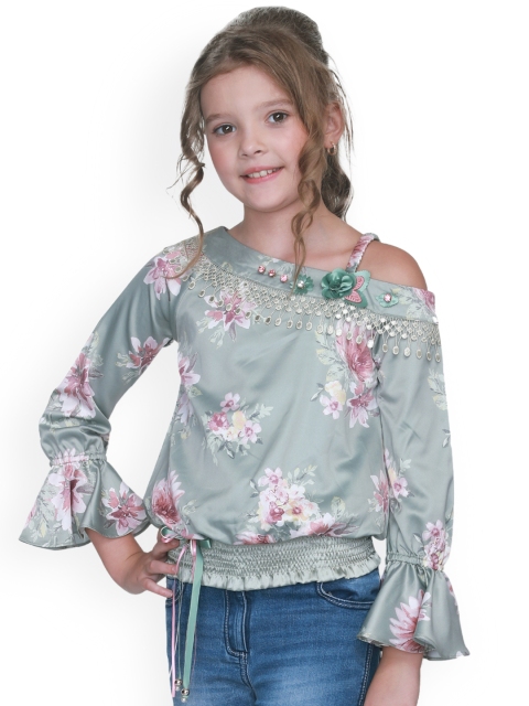 

CUTECUMBER Girls Green Floral Print Blouson Top