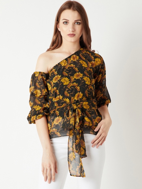 

Miss Chase Women Black & Yellow Printed Cinched Waist Top