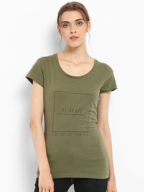 

Mode by Red Tape Women Olive Green Printed Scoop Neck T-shirt