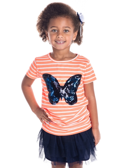 

Cherry Crumble Girls Orange & White Striped Round Neck T-shirt