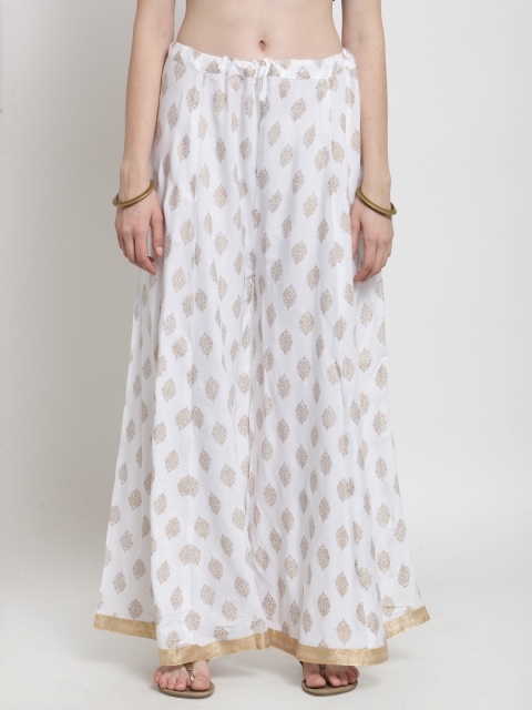 

Castle Women White & Gold-Toned Printed Flared Palazzos